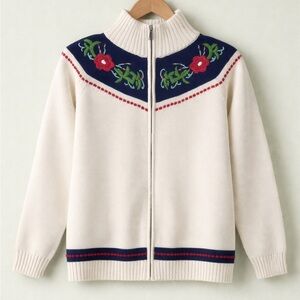 Floral Embroidered Cotton Cardigan Zip Up Talbots Medium